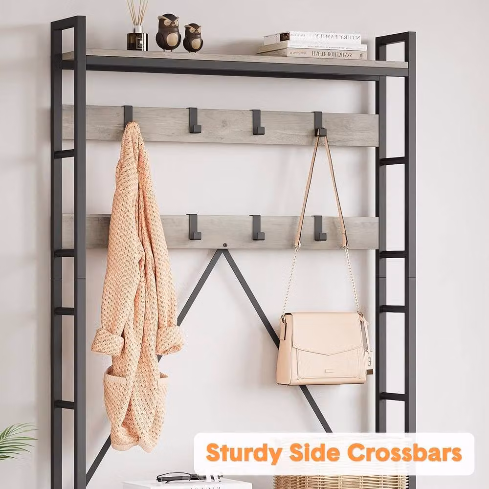 London Boutique 5-in-1 Hall Tree Shoe Bench and Entryway Organizer with 17 Hooks and Coat Rack in Grey – 3