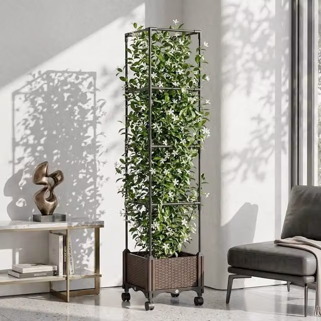 Breeins Raised Garden Planter with Trellis and Wheels in Brown