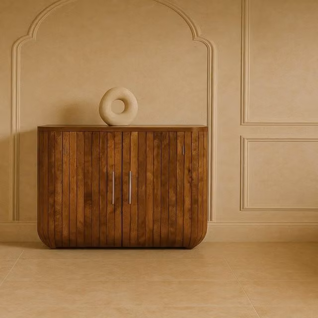 Artisan Furniture Solid Mango Wood Fluted Curve Cabinet in Brown