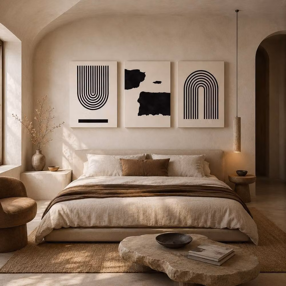 Mafett Modern Abstract Canvas Wall Art Set of 3 in Black and Beige, W: 60.96 cm, H: 81.28 cm – 2