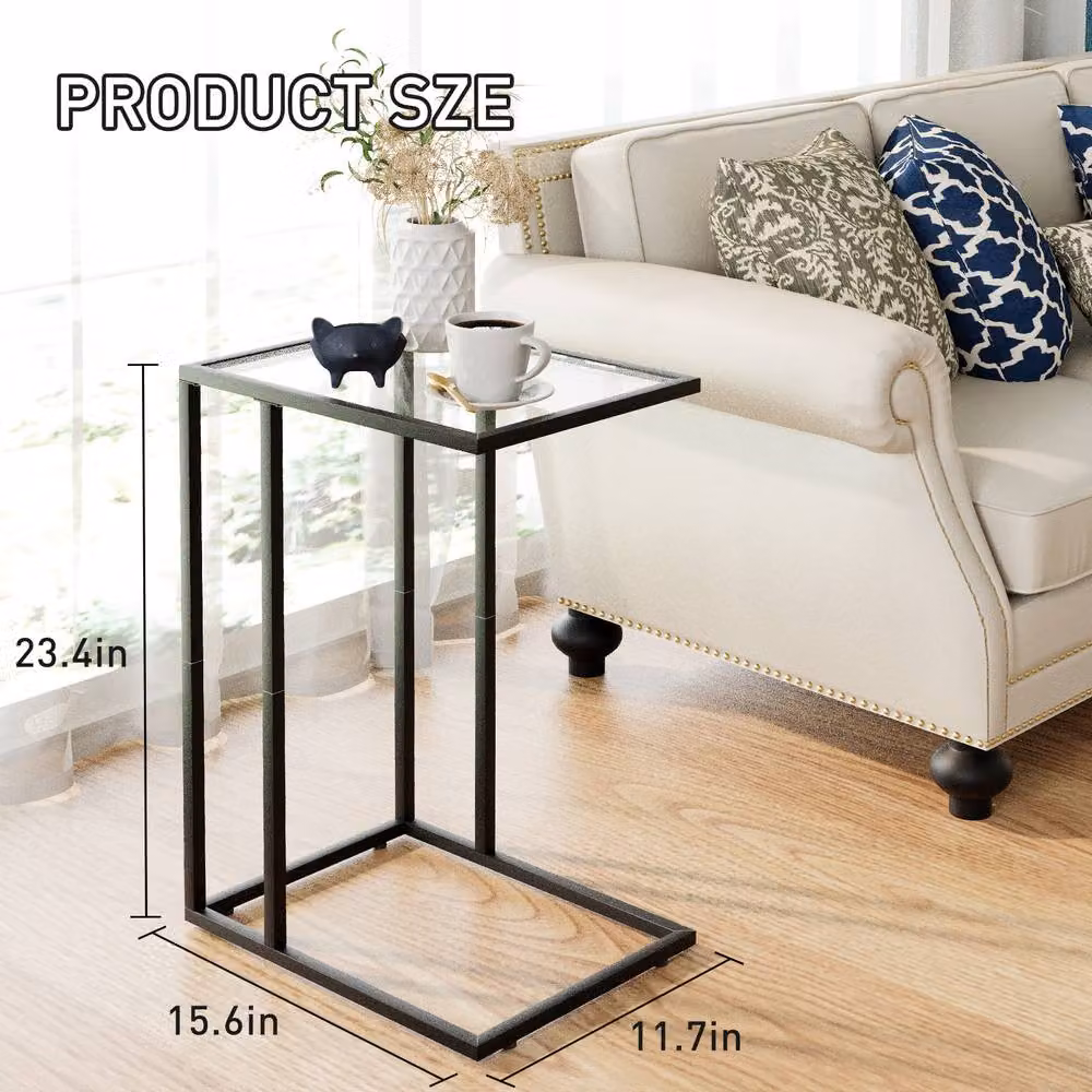 Huhote Set of 2 C-Shaped End Tables with Black Glass Top and Metal Frame – 4