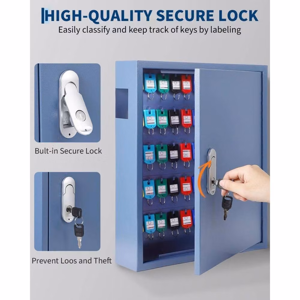 VOGREX 100 Key Cabinet Organizer, Wall-Mounted Steel Locking Key Box in Blue and Multicolour – 3