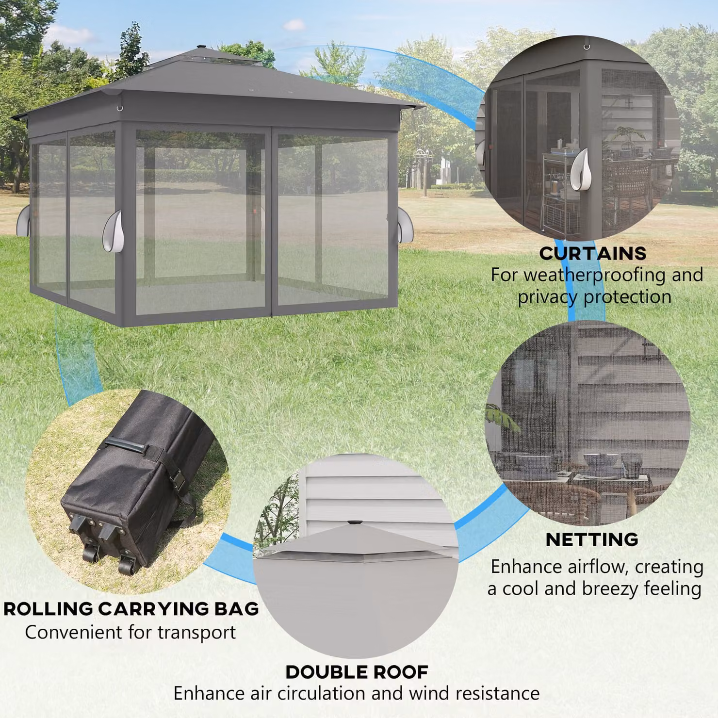 Outsunny Grey Pop-Up Garden Gazebo with Solar LED Lights, Instant Event Party Tent with Curtains and Netting, W: 300 cm x D: 300 cm – 5