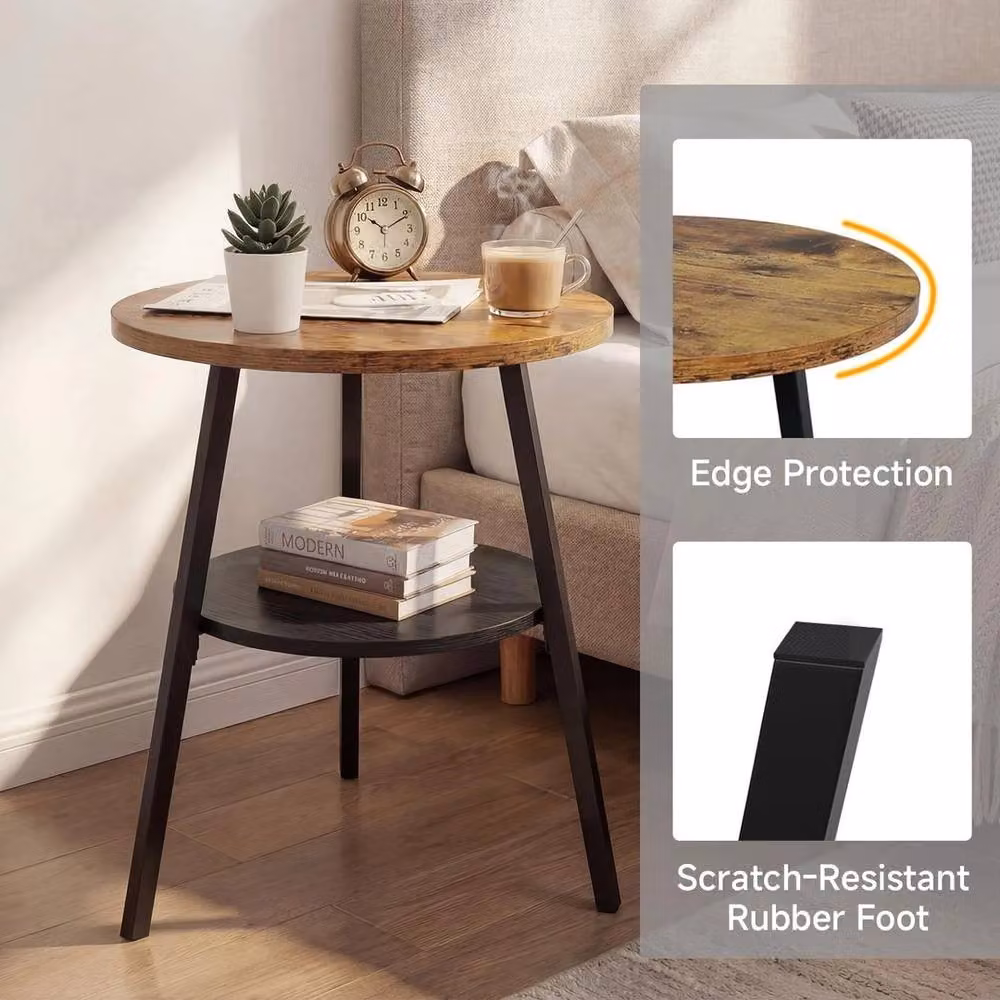 FORGEVIO Round 2 Tier Rustic Wood Side Table in Brown – 3