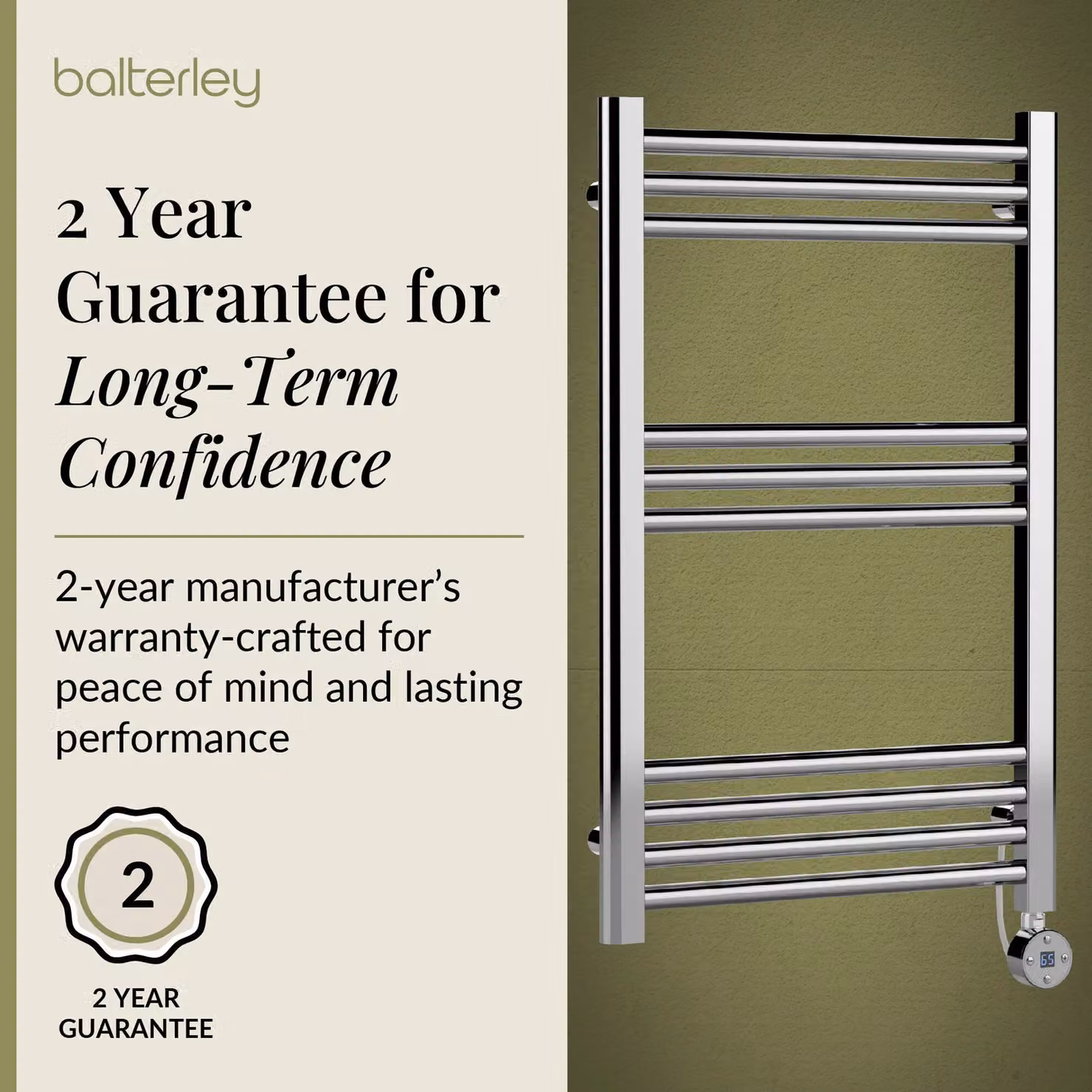 Balterley Electric Round Tube Towel Rail with 10 Bars, Silver, W: 50 cm, H: 80 cm – 4