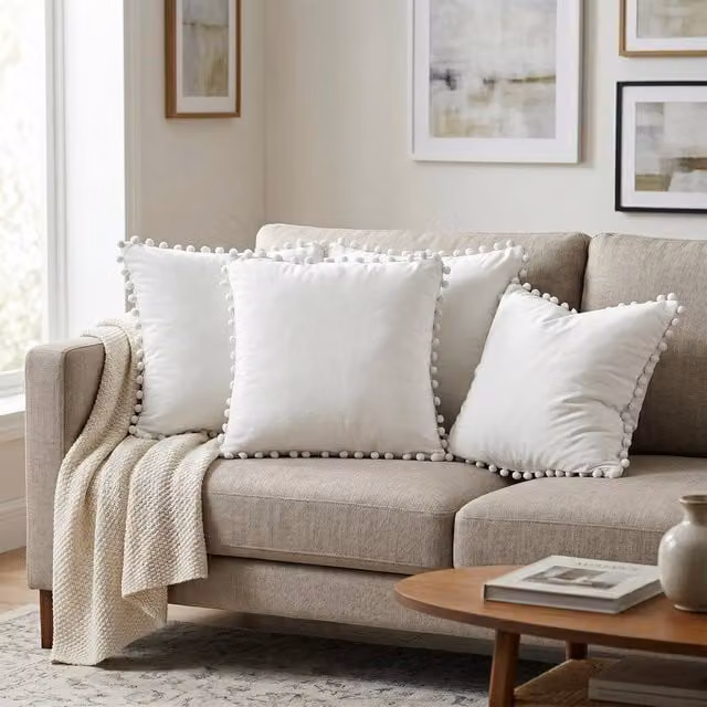 Luxury Living Set of 4 Square Velvet Cushions with Pom Trim in Beige and White, W/D/H: 43 x 43 x 43 cm