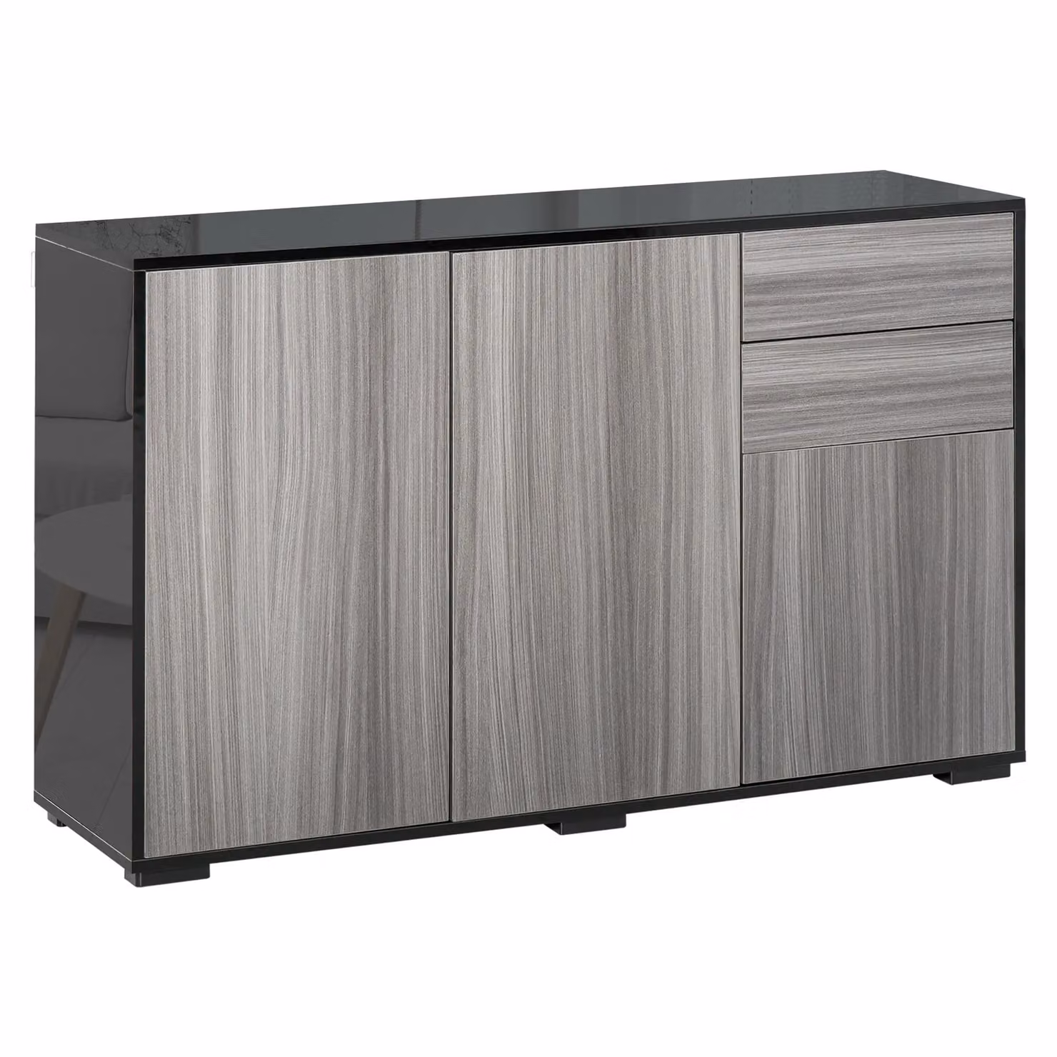 HOMCOM Modern Glossy Side Cabinet with 2 Drawers and 2 Doors in Grey and Black – 3