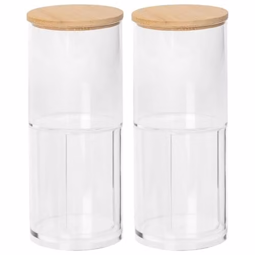 Harbour Housewares Pack of 2 Stackable Plastic Bathroom Canisters with Bamboo Lids in Transparent