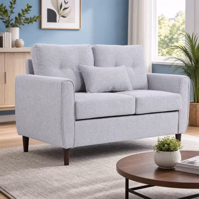 STILVORA 2 Seater Upholstered Sofa in Grey with Linen Fabric and Solid Wood Frame