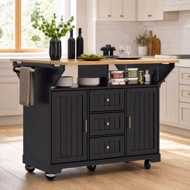 STILVORA Modern Black Kitchen Island with 3 Drawers and 2 Doors, W/D/H: 120 x 40 x 95 cm
