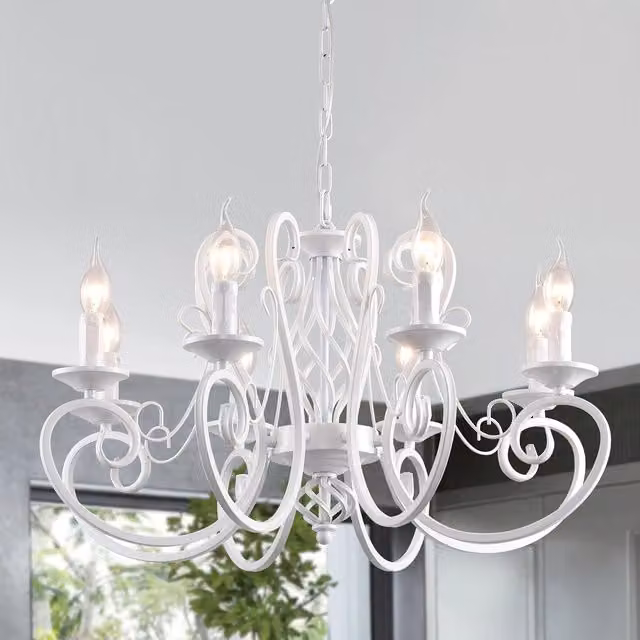Garwarm French Country Metal Chandelier, White Vintage Industrial Pendant Light for Kitchen Islands and Farmhouse Decor