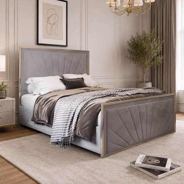 Casani Southborough Upholstered Velvet Designer Bed Frame in Grey, W/D/H: 200 x 137 x 189 cm