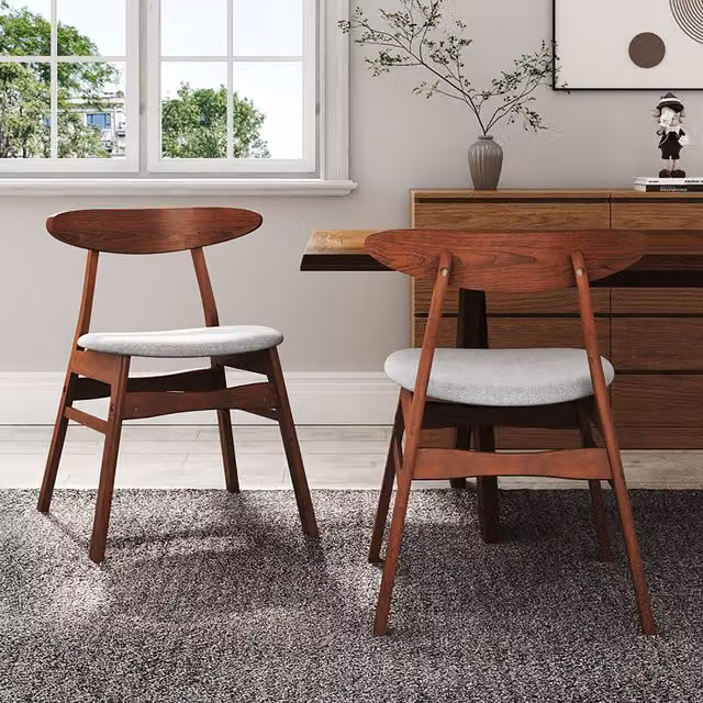 Livingandhome Set of 2 Mid-Century Upholstered Dining Chairs with Curved Backrest in Grey Fabric and Brown Rubberwood