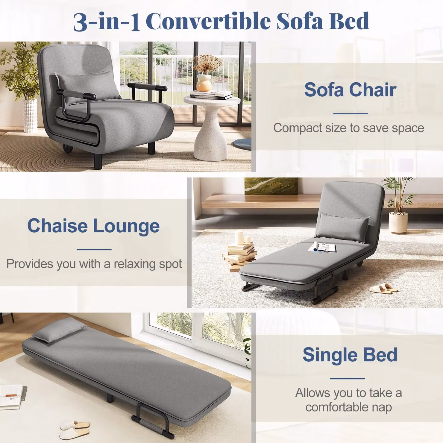 Costway 3-in-1 Convertible Sofa Bed Sleeper Chair with Lumbar Pillow in Grey – 5