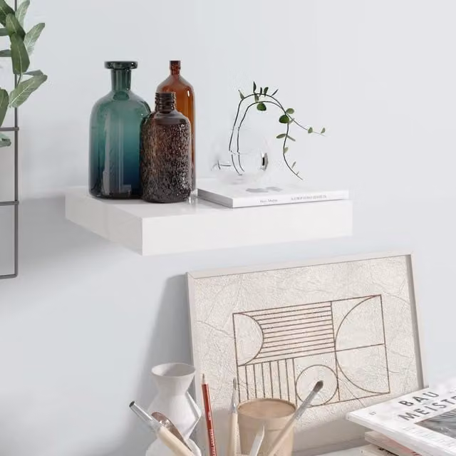 Berkfield Home Floating Wall Shelf in High Gloss White, W/D/H: 23 x 23.5 x 3.8 cm