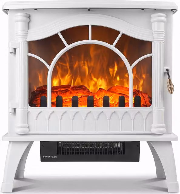 HOMCOM 3-Sided Glass Electric Fire Fan Heater, Freestanding Log Burner with Flame Effect, White