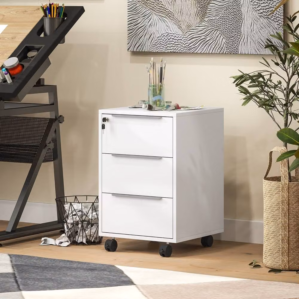 ERGOVEXA Three-Drawer Locking Filing Cabinet in White with Castors – 4