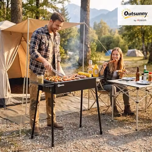 Outsunny Portable Charcoal Barbecue Grill with Seasoning Baskets and Hooks, Black – 2