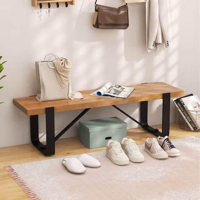 Costway Modern Brown Wood and Metal Hallway Bench and Shoe Rack