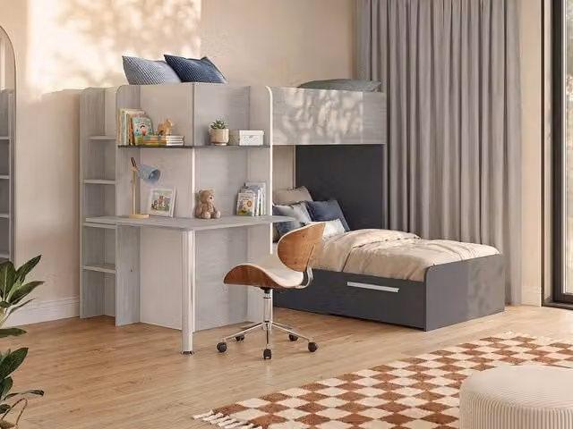Vente-unique Corner Bunk Beds with Desk and Stairs, Grey, White and Black, W/D/H: 190 x 90 x 160.1 cm – 1