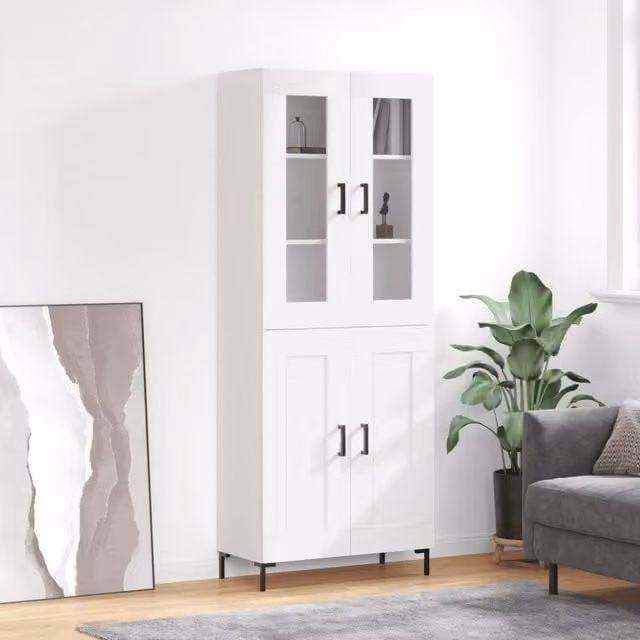 Berkfield Home Modern White Highboard with Glass Doors and Internal Shelves, W/D/H: 69.5 x 34 x 180 cm