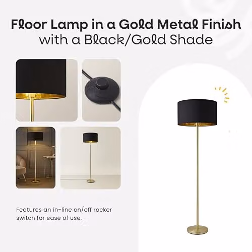 ValueLights Charlie Modern Gold Metal Floor Lamp with Black and Gold Fabric Cylinder Shade – 4