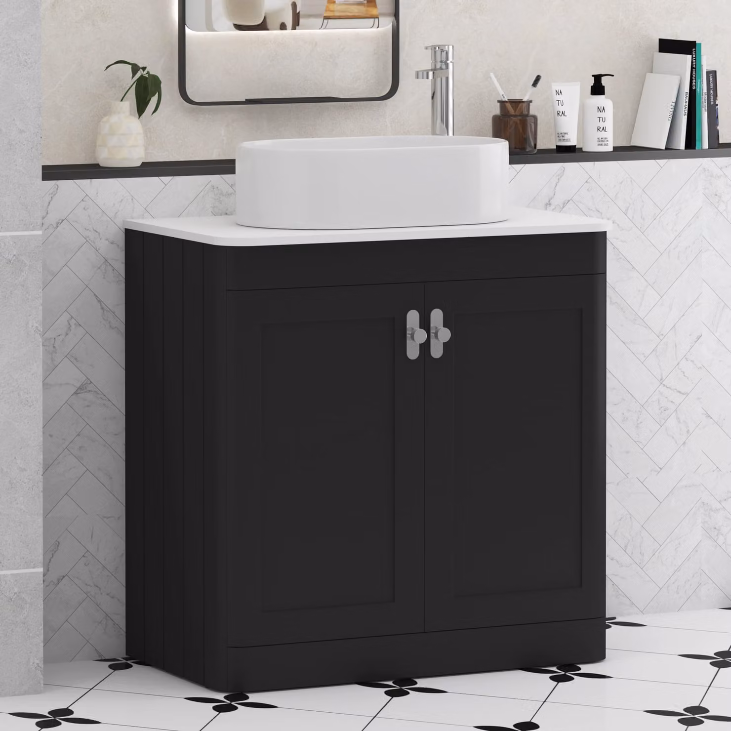 Royal Bathrooms Henley 800mm Matt Nocturne Black Floor Standing 2 Door Vanity Unit with Plain White Worktop and Peak Basin
