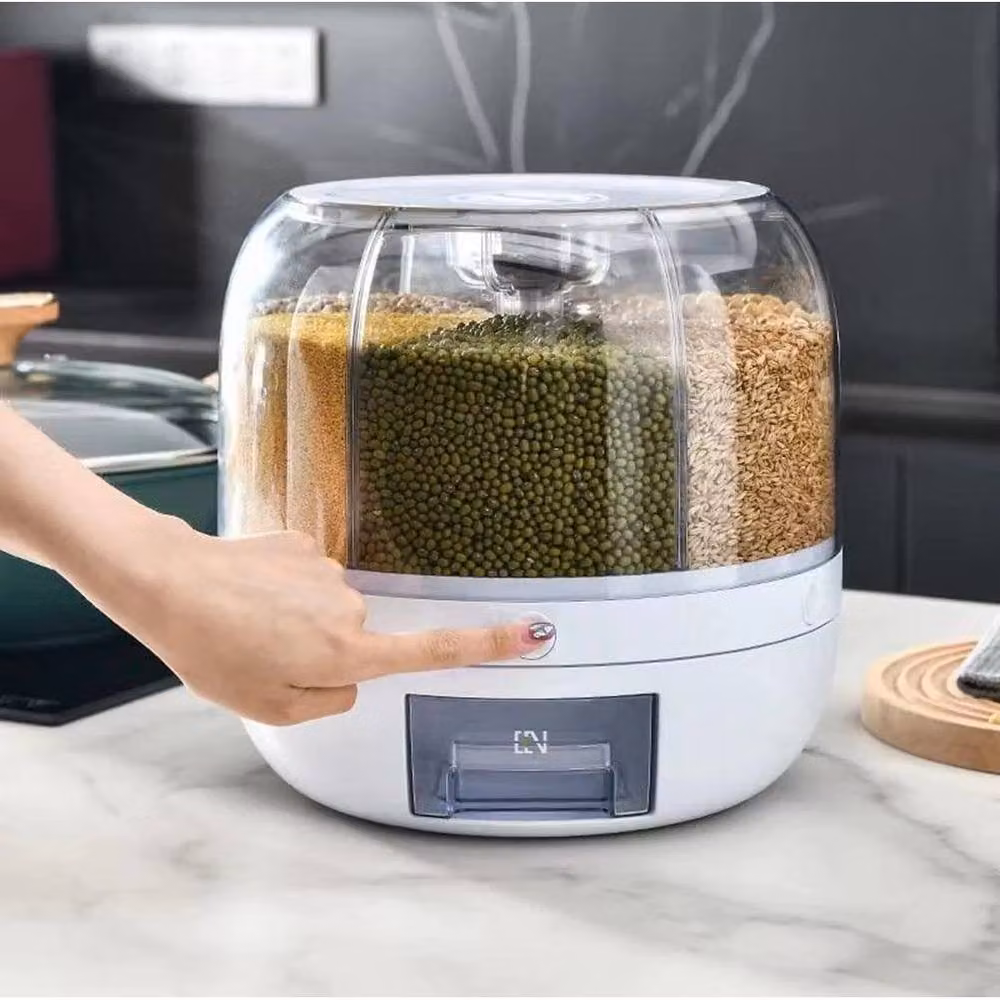 KORVIXA 6-Grid Rotating Rice and Dry Food Dispenser in White and Transparent Plastic with Airtight Compartments – 2