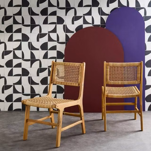 sweeek Pair of Boho Acacia Wood and Cane Garden Chairs in Light Brown, W/D/H: 61 x 51 x 85 cm