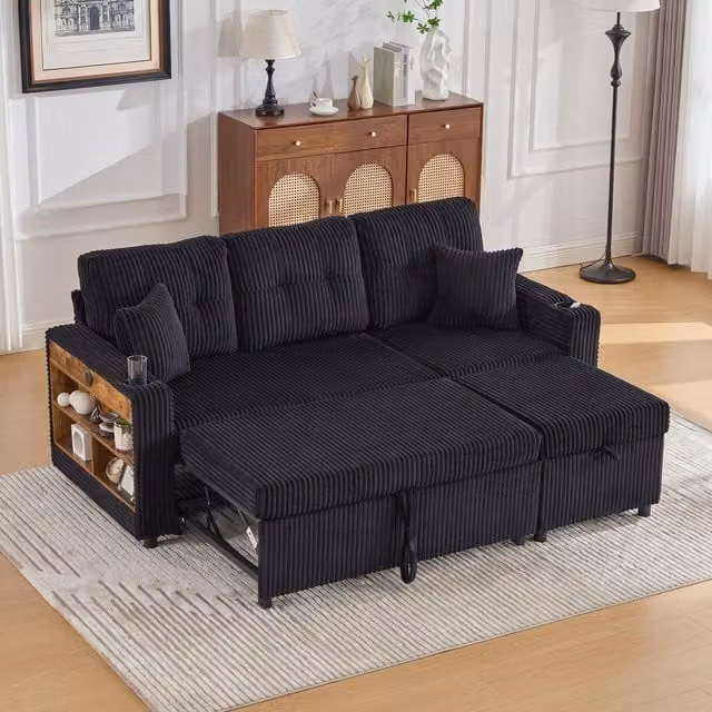 Aosom UK Multifunctional Corduroy Sofa Bed in Black with LED Lighting, USB Charging, Cup Holders and Hidden Storage, W: 196 cm, D: 82 cm, H: 85 cm