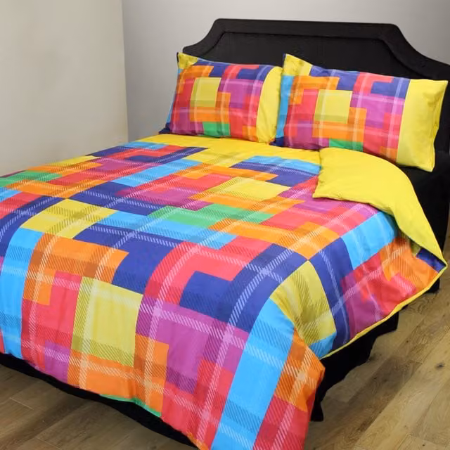Tetris Checked Cotton Duvet Cover and Pillowcase Set, Multicolour, W: 90 cm, L: 200 cm