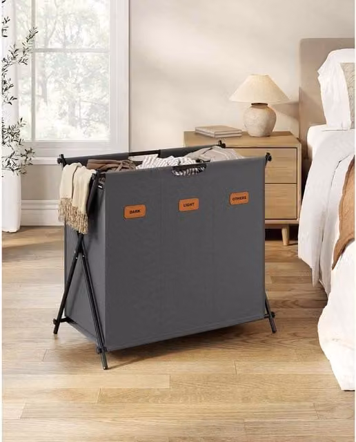 The Bazaarist 3 Compartment Foldable X Frame Laundry Sorter with Lid and Handles, Slate Grey, H: 66 cm, W: 40 cm, D: 70 cm