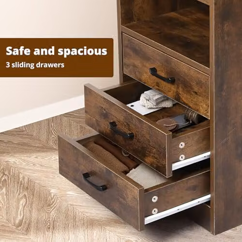 Levede Bedside Table with Charging Station and 3 Drawers, Rustic Brown with LED Lighting and USB Outlets – 7