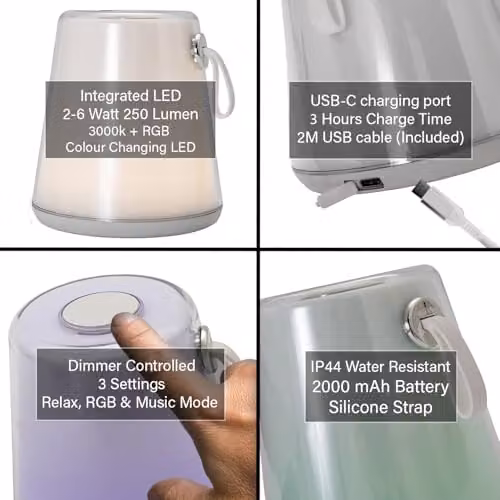 Happy Homewares Compact White Modern LED Colour Changing Rechargeable Touch Table Lamp with RGB Effect and IP44 Rating – 3