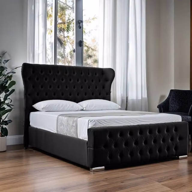 UK Bed Furniture Isabella Upholstered Slatted Base Bed with Wingback Headboard in Black, W/D/H: 90 x 200 cm