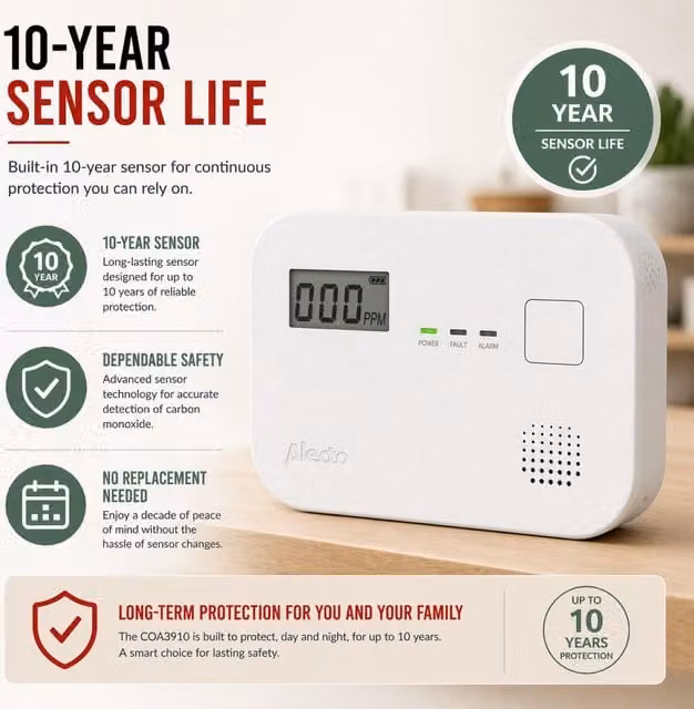 Alecto Wall Mounted Carbon Monoxide Alarm with Display, White