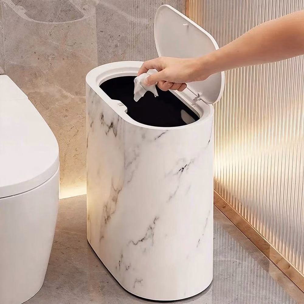 Kelvenix White Marble Effect Narrow Waste Bin with Flip Lid and Odour Filter – 3