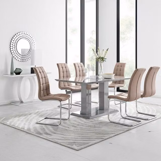 FurnitureboxUK Imperia Grey Dining Set with 6 Murano Chairs and Rectangular Glass Table in Cappuccino