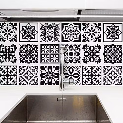 WALPLUS Mediterranean Geometric Wall Tile Sticker Set in Black and White, 24 pcs, 15 x 15 cm – 1