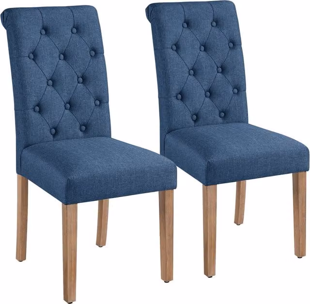 Yaheetech Set of 2 Classic Padded High Back Dining Chairs in Blue Fabric with Wood Legs