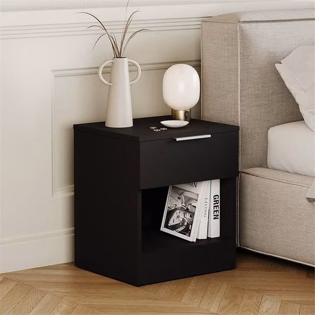 FORGEVIO Modern Black 1 Drawer Bedside Storage Unit