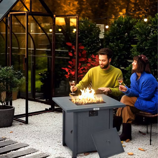 Outsunny Rattan-style 40,000 BTU Propane Gas Fire Pit Table with Cover, Grey