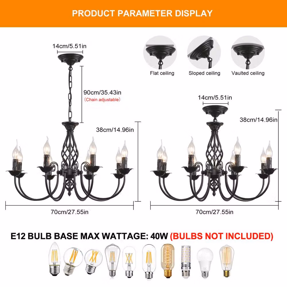 NIVOR 8-Light Rustic Chandelier, Adjustable Vintage Pendant Light in Black – 2
