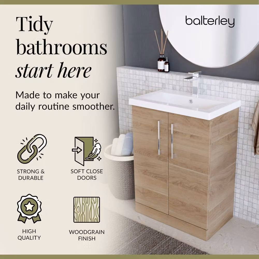 Balterley Contemporary Floor Standing Bathroom Vanity Unit with Mid-Edge Ceramic Basin, Bleached Oak, W: 61 cm, D: 39 cm, H: 84 cm – 3