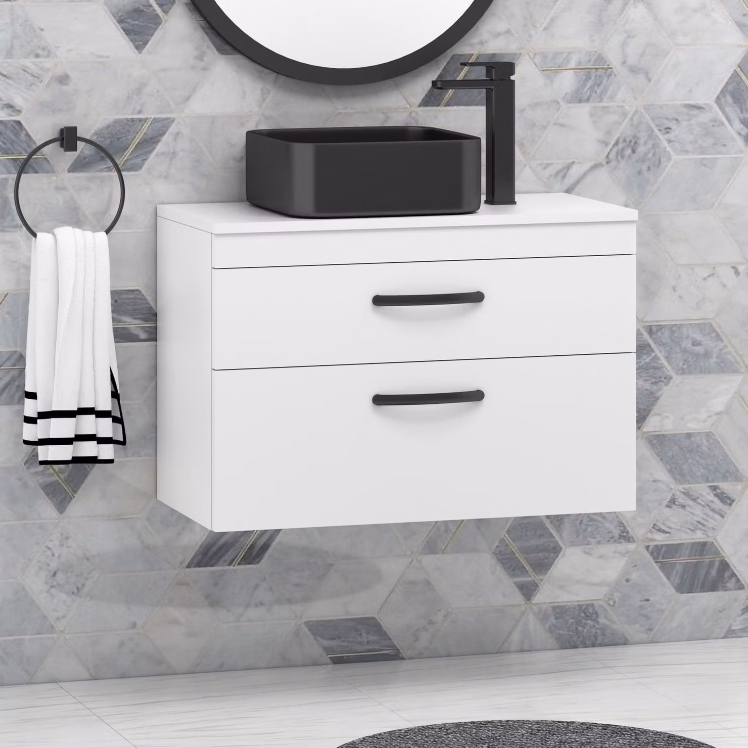 Royal Bathrooms 800mm Wall Hung Gloss White 2 Drawer Vanity Unit with Art Square Countertop Basin