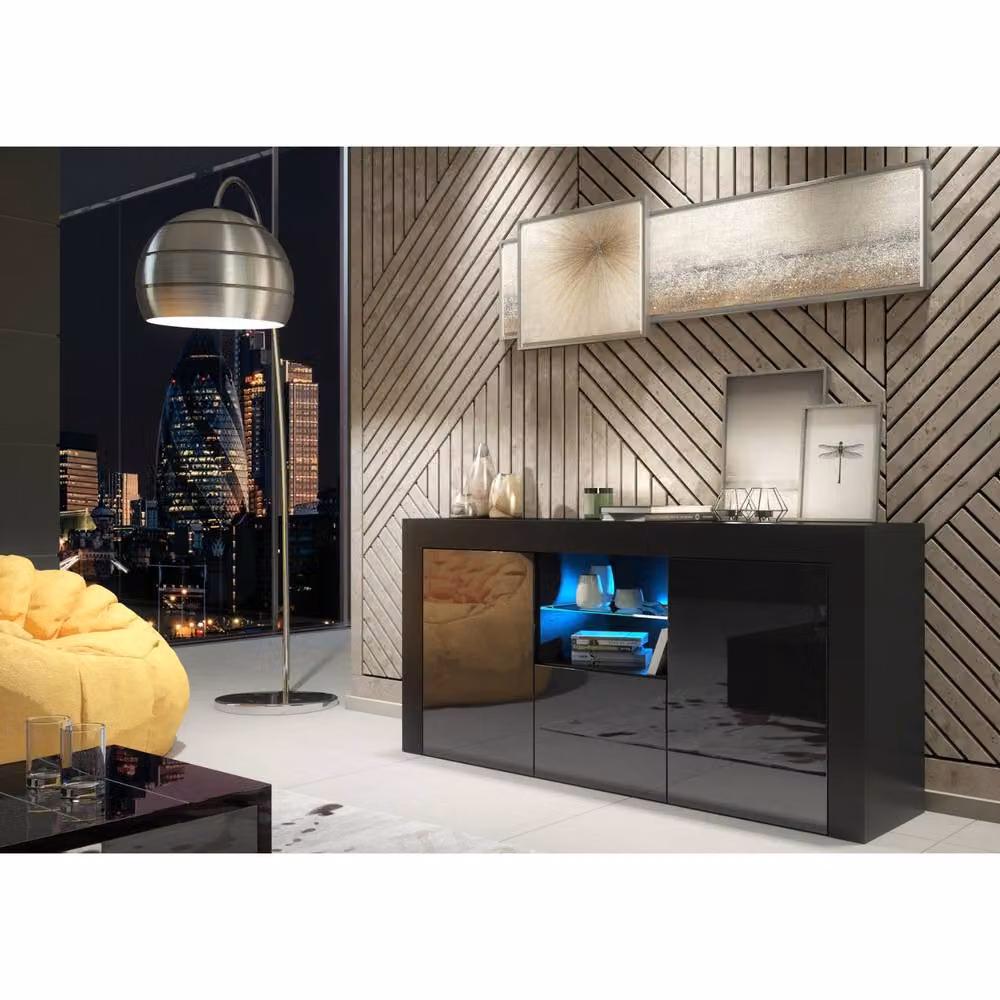 Mex Furniture LTD Aurora Sideboard in Black with Glossy Doors and Integrated LED Lighting, W: 145 cm, H: 70 cm, D: 35 cm – 2