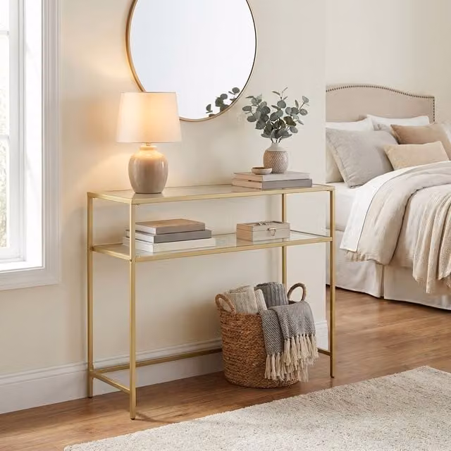 VASAGLE Modern Rectangular Console Table with Tempered Glass Top, Gold and Black, W/D/H: 100 x 35 x 80 cm