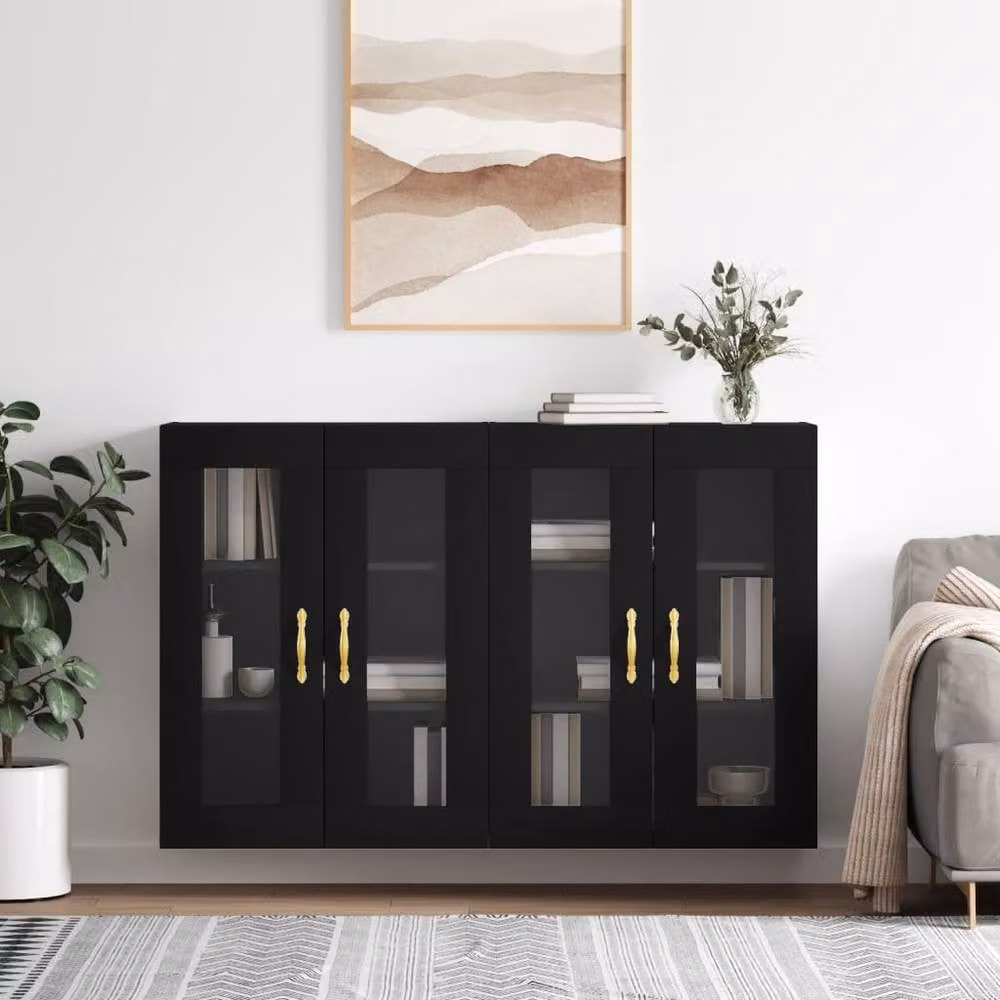 Berkfield Home Set of 2 Modern Wall Mounted Cabinets in Black with Glass Doors and Internal Shelves – 1