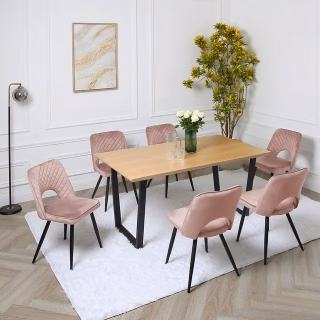 Home Garden Direct Provence Dining Set with Oak Veneer Rectangular Table and 6 Pink and Black Chairs