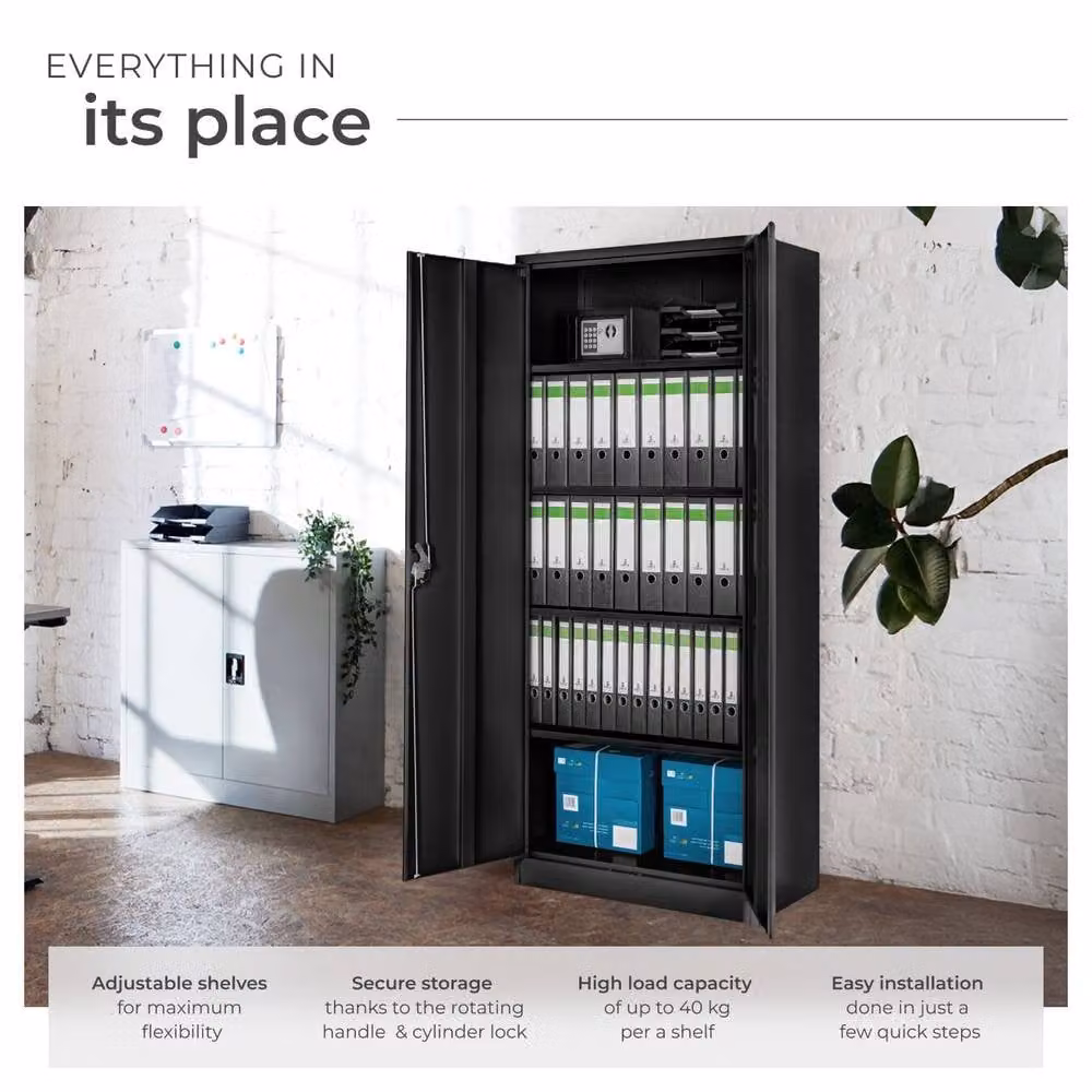 tectake Blain Metal Filing Cabinet in Black with Lockable Hinged Doors and Adjustable Shelves – 3